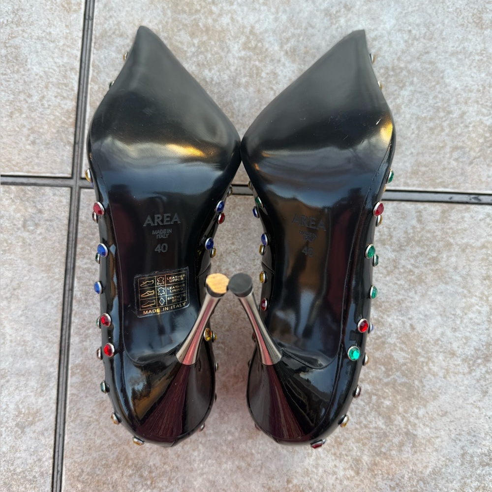 AREA Black Patent Leather Clear Jeweled Pointed Toe Pumps - Picture 14 of 16